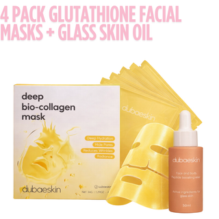 4 Pack Glutathione Facial Masks + Glass Skin Elixir Oil Combo